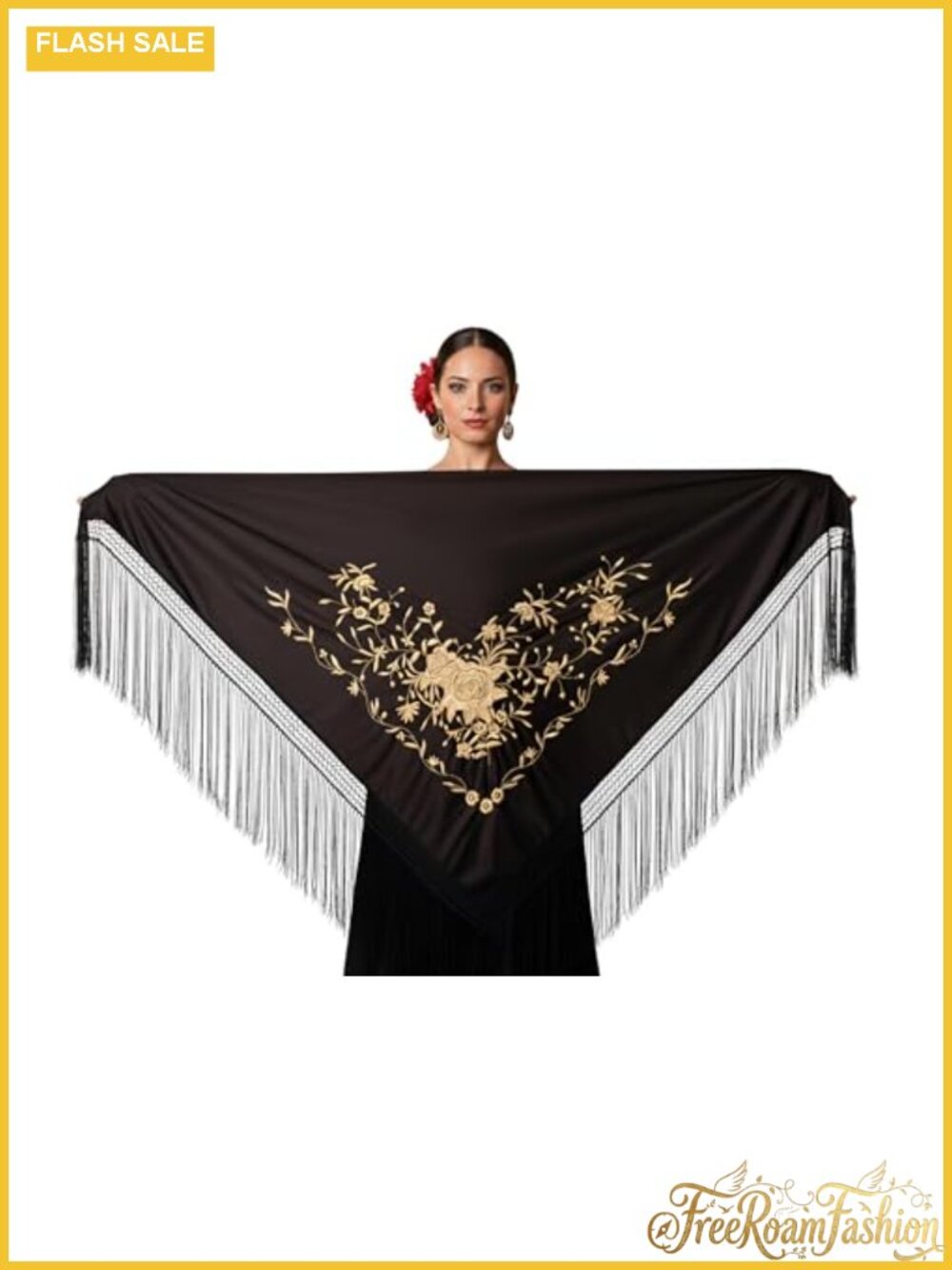 Medium Peak Shawl Triangular Silk Wrap with Gold Fringe 75x35in